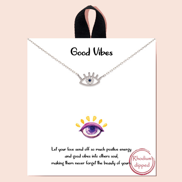 90324_Silver, clear "Good Vibes"  Rhodium dipped, eye dainty necklace